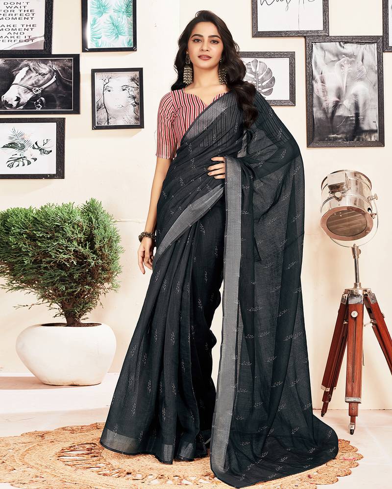 Black cotton zari screen printed casual, work and ceremony ready to wear saree with blouse