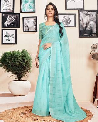 pre-stitched blue cotton zari screen printed casual, work and ceremony saree 1