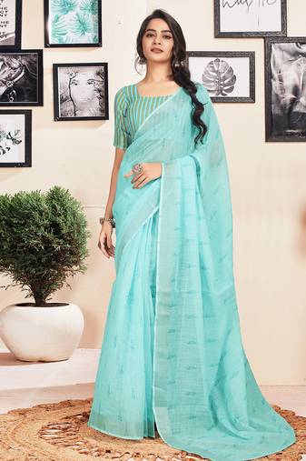 Blue cotton zari screen printed casual, work and ceremony ready to wear saree with blouse