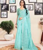 ready to wear blue cotton zari screen printed casual, work and ceremony saree with blouse