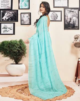 pre-stitched blue cotton zari screen printed casual, work and ceremony saree 2