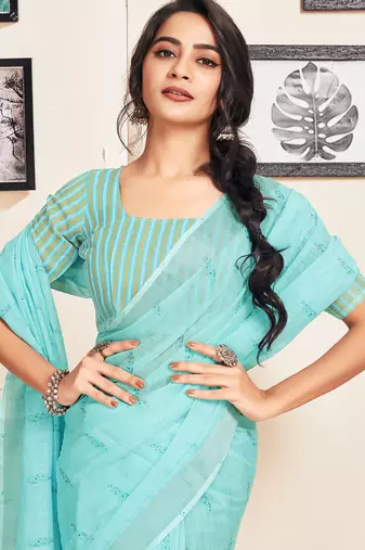pre-stitched blue cotton zari screen printed casual, work and ceremony saree