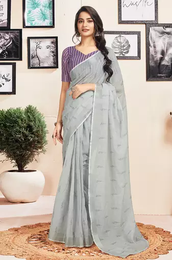 Grey cotton zari screen printed casual, work and ceremony ready to wear saree with blouse
