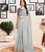 ready to wear grey cotton zari screen printed casual, work and ceremony saree with blouse