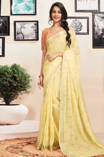 Yellow cotton zari screen printed casual, work and ceremony ready to wear saree with blouse