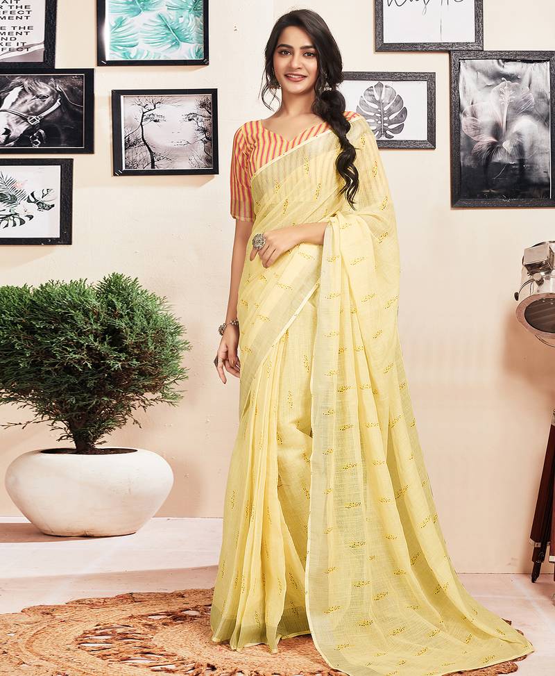 Yellow cotton zari screen printed casual, work and ceremony ready to wear saree with blouse