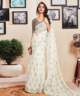 ready made white cotton zari screen printed casual, work and ceremony saree 1