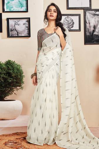 White cotton zari screen printed casual, work and ceremony ready to wear saree with blouse