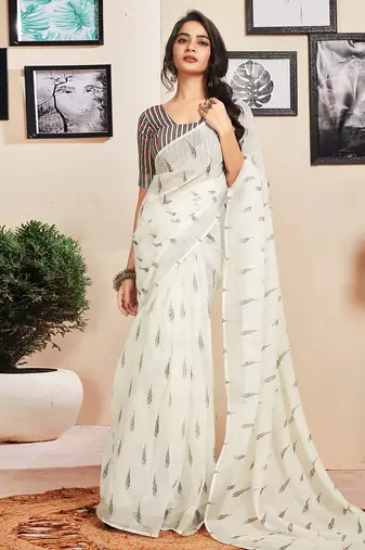 White cotton zari screen printed casual, work and ceremony ready to wear saree with blouse