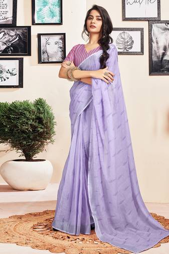 Purple cotton zari screen printed casual, work and ceremony ready to wear saree with blouse