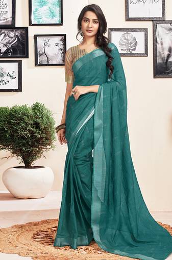 Green cotton zari screen printed casual, work and ceremony ready to wear saree with blouse
