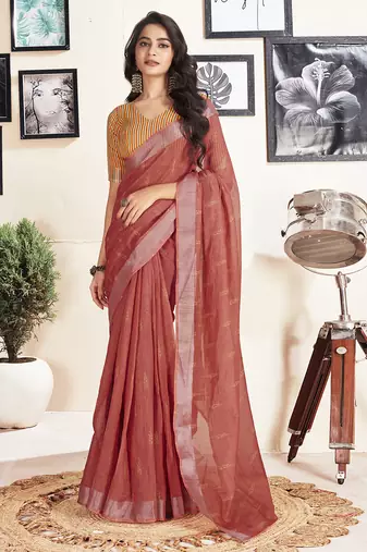 Red cotton zari screen printed casual, work and ceremony ready to wear saree with blouse