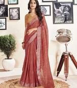 ready to wear red cotton zari screen printed casual, work and ceremony saree with blouse