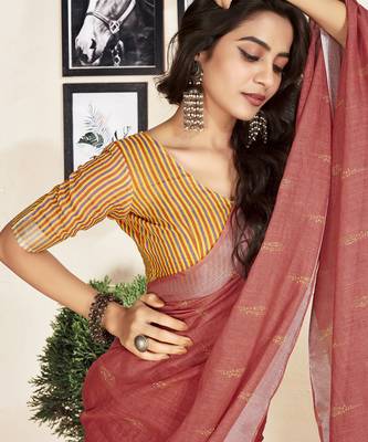 pre draped red cotton zari screen printed casual, work and ceremony saree 4