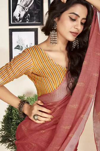 pre draped red cotton zari screen printed casual, work and ceremony saree
