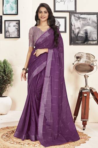 Purple cotton zari screen printed casual, work and ceremony ready to wear saree with blouse