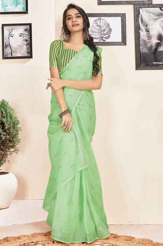 Green cotton zari screen printed striped casual, work and ceremony ready to wear saree with blouse