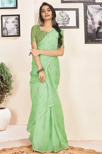 Green cotton zari screen printed striped casual, work and ceremony ready to wear saree with blouse