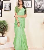 ready to wear green cotton zari screen printed striped casual, work and ceremony saree with blouse