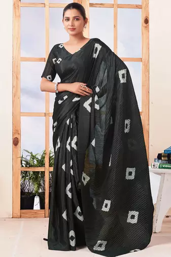 Black art silk screen printed bandhani ceremony and party ready to wear saree with blouse