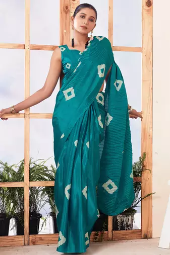 Green art silk screen printed bandhani ceremony and party ready to wear saree with blouse