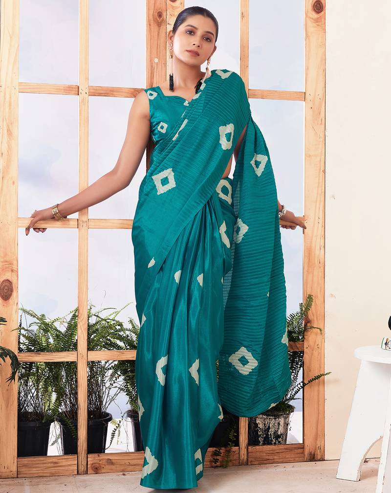 Green art silk screen printed bandhani ceremony and party ready to wear saree with blouse