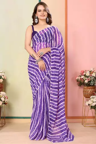 Purple georgette lace screen printed leheriya casual, work and ceremony ready to wear saree with blouse