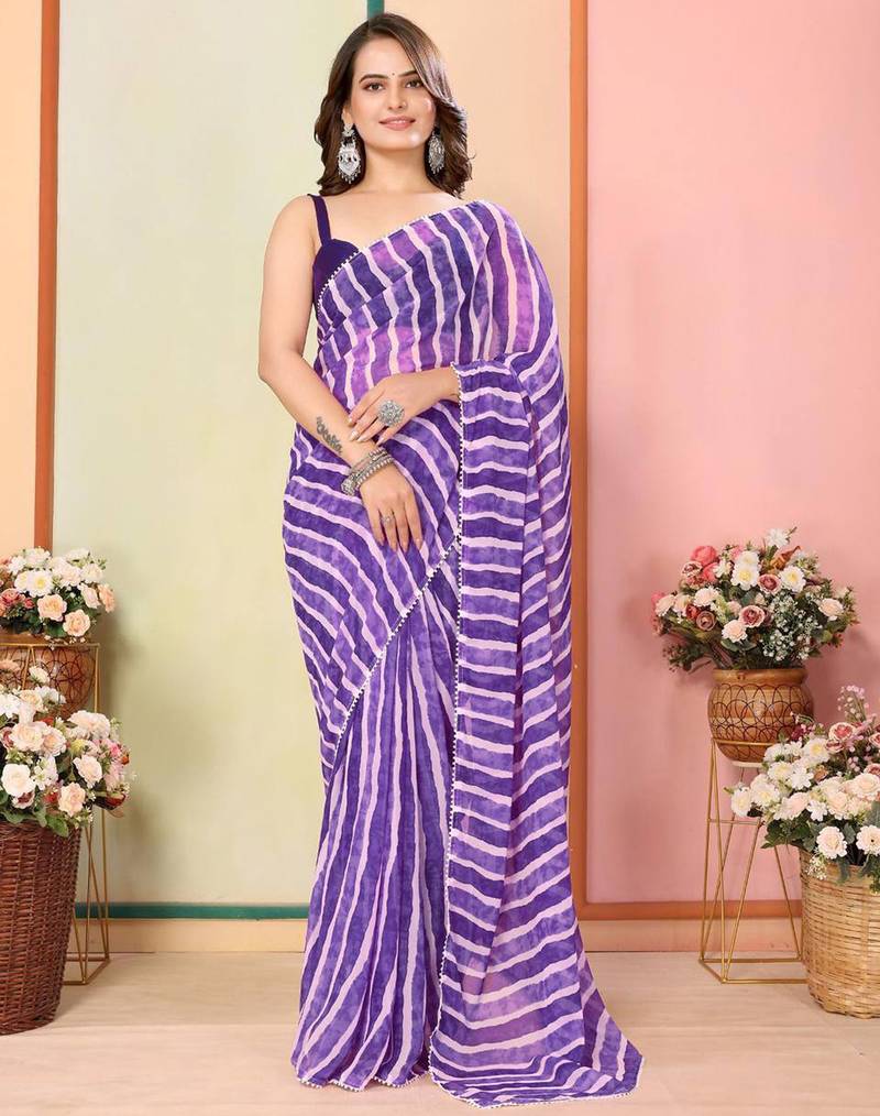 Purple georgette lace screen printed leheriya casual, work and ceremony ready to wear saree with blouse