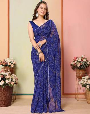 pre draped blue georgette lace screen printed bandhani casual, work and ceremony saree 1