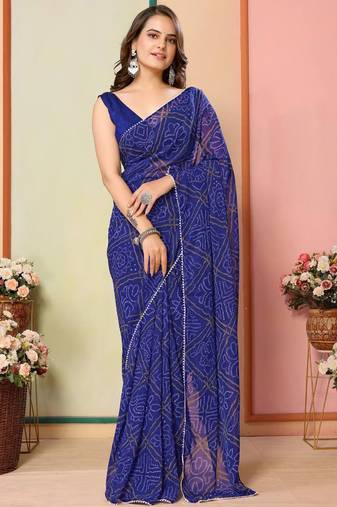 Blue georgette lace screen printed bandhani casual, work and ceremony ready to wear saree with blouse