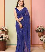 ready to wear blue georgette lace screen printed bandhani casual, work and ceremony saree with blouse