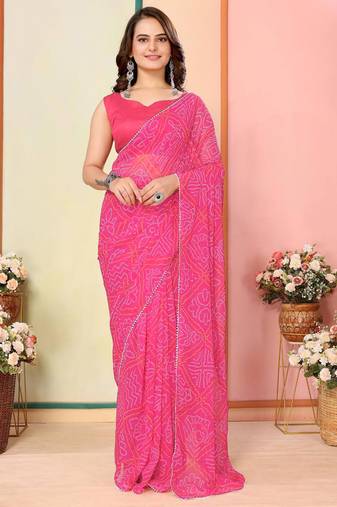 Pink georgette lace screen printed bandhani casual, work and ceremony ready to wear saree with blouse