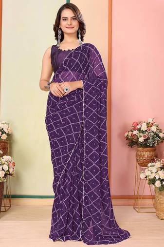 Purple georgette lace screen printed bandhani casual, work and ceremony ready to wear saree with blouse