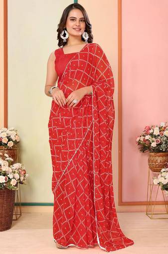Red georgette lace screen printed bandhani casual, work and ceremony ready to wear saree with blouse