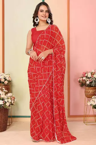 Red georgette lace screen printed bandhani casual, work and ceremony ready to wear saree with blouse