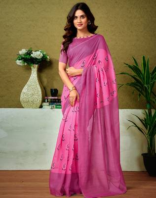 pre draped pink chanderi cotton screen printed casual and work saree 1