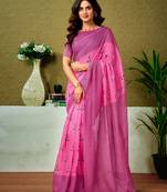 ready to wear pink chanderi cotton screen printed casual and work saree with blouse