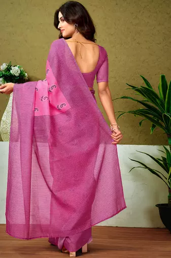 pre draped pink chanderi cotton screen printed casual and work saree