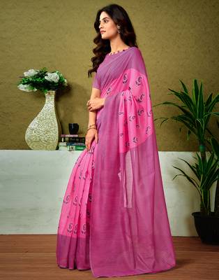 pre draped pink chanderi cotton screen printed casual and work saree 3