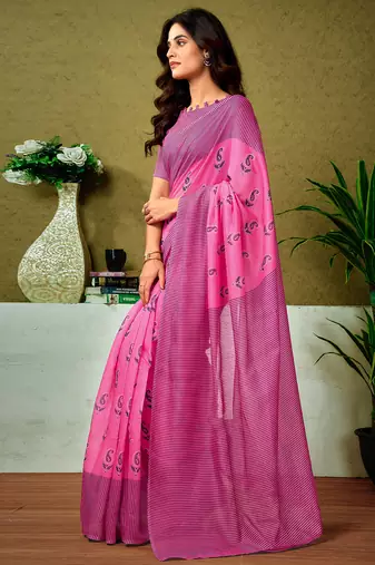 pre draped pink chanderi cotton screen printed casual and work saree