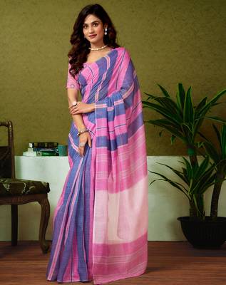 ready made blue and pink chanderi cotton screen printed casual and work saree 1