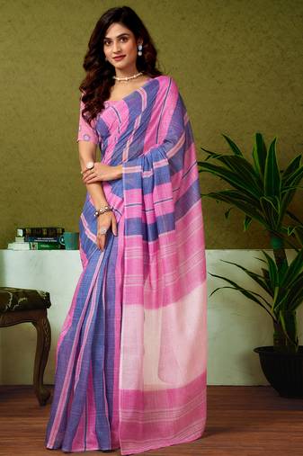 Blue and pink chanderi cotton screen printed casual and work ready to wear saree with blouse