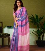 ready to wear blue and pink chanderi cotton screen printed casual and work saree with blouse