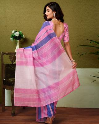 ready made blue and pink chanderi cotton screen printed casual and work saree 2