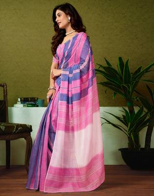 ready made blue and pink chanderi cotton screen printed casual and work saree 3