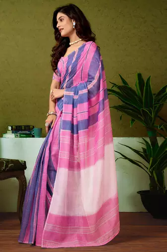 ready made blue and pink chanderi cotton screen printed casual and work saree