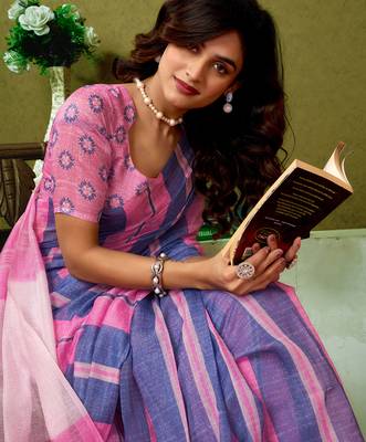 ready made blue and pink chanderi cotton screen printed casual and work saree 4