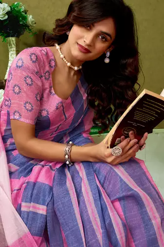 ready made blue and pink chanderi cotton screen printed casual and work saree