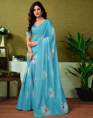pre-stitched blue chanderi cotton screen printed casual and work saree 1