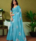 ready to wear blue chanderi cotton screen printed casual and work saree with blouse